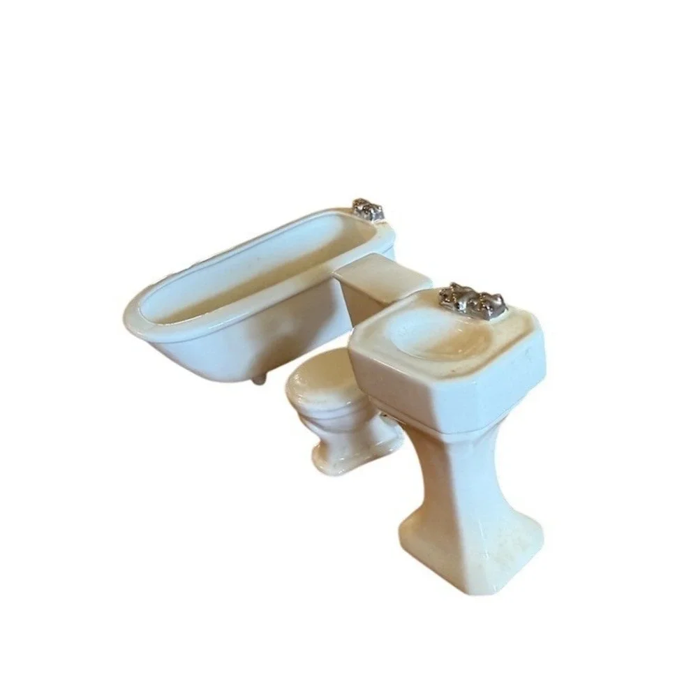 Miniature Dollhouse Bathroom Set Victorian White Tub Toilet Pedestal Sink
